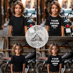 May include: A collage of four images featuring a young person wearing a black t-shirt with the text "YOUR DESIGN HERE***" printed on the front. The images show the person in different settings, including a city street and a rustic wooden background.