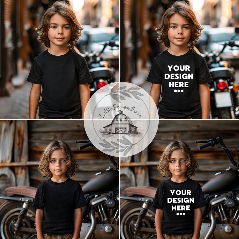 May include: A collage of four images featuring a young person wearing a black t-shirt with the text "YOUR DESIGN HERE***" printed on the front. The images show the person in different settings, including a city street and a rustic wooden background.