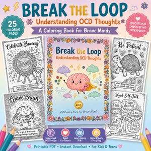 以下が含まれることがあります： 「Break the Loop」というタイトルの、強迫性障害の考え方を理解するための子供向け塗り絵。表紙にはマントを着た漫画の脳が描かれています。25 ページの塗り絵が含まれています。