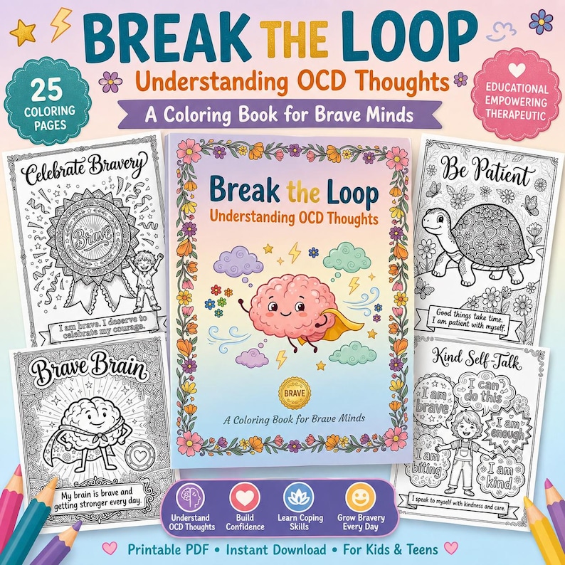 Understanding Looping Thoughts Break the Loop OCD Coloring Book | Mental Health Coloring Pages for ...