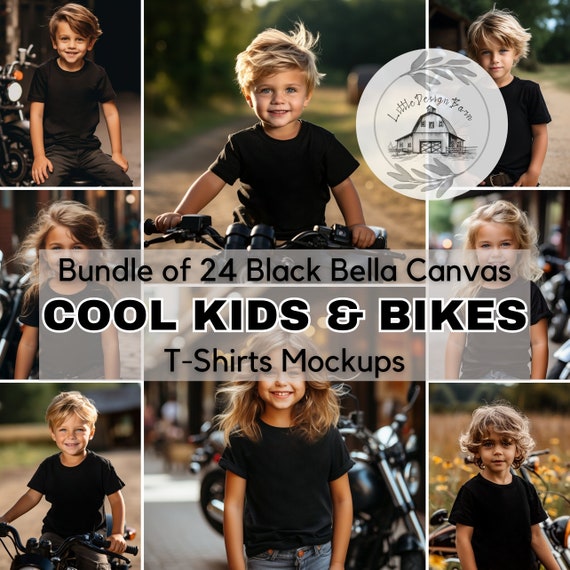 Cool Kids with Motorbikes T-Shirt Unique Mockup Bundle, Children Boys and Girls T-shirt Mockup, Life Style Mockup, Bella Canvas 3001 Black