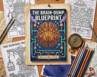 May include: A steampunk-themed coloring book titled "The Brain-Dump Blueprint" with a detailed illustration of a brain made of gears and pipes. Surrounding the book are coloring pages, pencils, a compass, and paper scraps, all arranged on a corkboard.