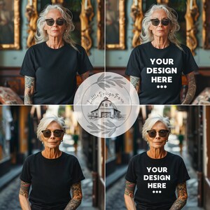 May include: A black t-shirt with the text "YOUR DESIGN HERE" in white. The image is a composite of four photos of a person wearing the shirt. The Little Design Farm logo is in the center.