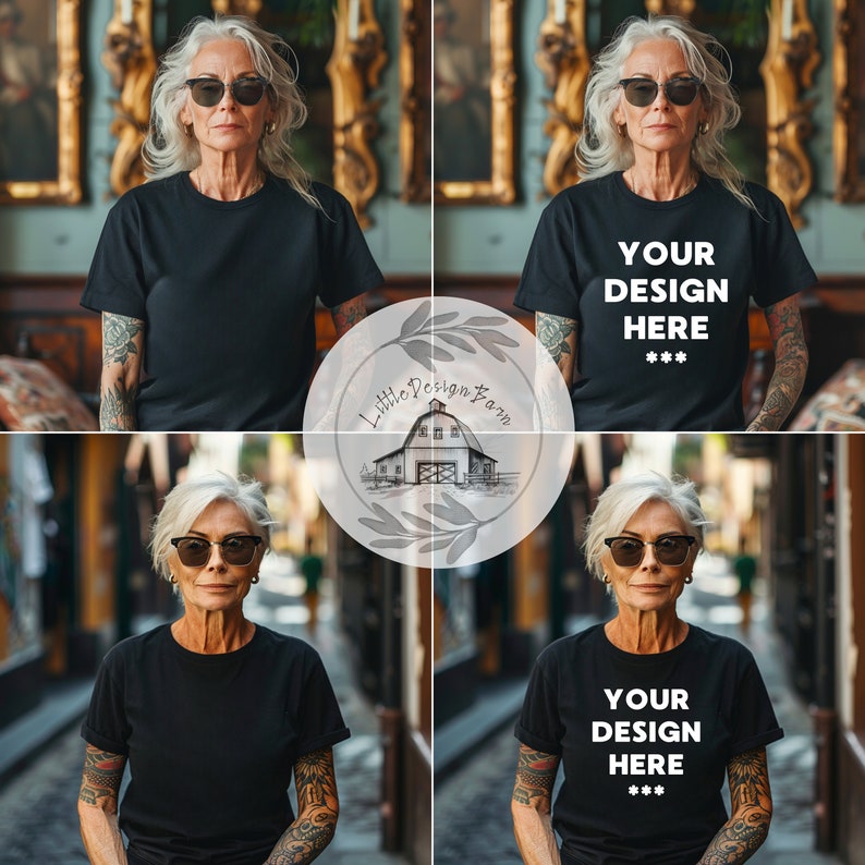 May include: A black t-shirt with the text "YOUR DESIGN HERE" in white. The image is a composite of four photos of a person wearing the shirt. The Little Design Farm logo is in the center.