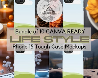 Life Style Canva Ready iPhone 15 Printify Tough Case Mockup Bundle, Canva iPhone 15 Mock up Pack, Drag & Drop Canva Mockup, Bundle of 10