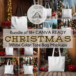 Christmas Tote Bag Mockups, CANVA READY White Color Cotton Tote Bag Mockup, Tote Bag Mockup Bundle Christmas Winter, Mockup Bundle of 18+