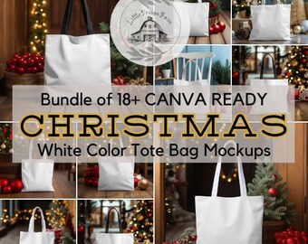 May include: A collection of white tote bag mockups with black and white handles, displayed with Christmas decorations. The image includes text that reads "Bundle of 18+ CANVA READY CHRISTMAS White Color Tote Bag Mockups."