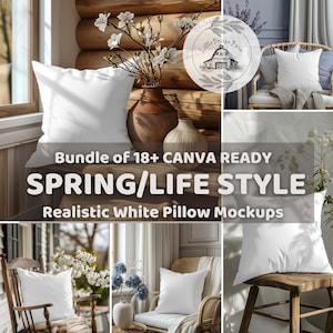 Quadratisches weißes Kissen Spring Vibes Mockup, CANVA READY, Vorlagen-Mock-up, Drag&Drop realistisches weißes Kissen-Kissenbezug-Mock-up, 18er-Paket