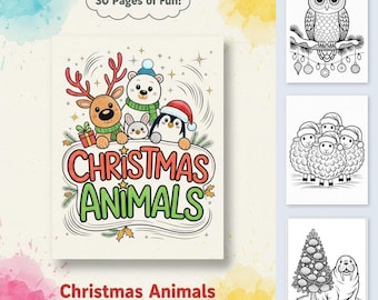 May include: A digital download titled "Christmas Animals" featuring a colorful illustration of a reindeer, polar bear, bunny, and penguin. The text "Christmas Animals" is in a decorative font. Additional pages show an owl, sheep, and a walrus with a Christmas tree.