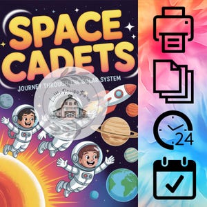 May include: A colorful illustration with the words "SPACE CADETS" in large, yellow and orange letters. The image features three cartoon astronauts, planets, and a rocket ship, with the text "JOURNEY THROUGH THE SOLAR SYSTEM".