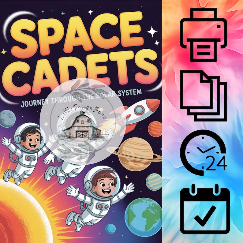 May include: A colorful illustration with the words "SPACE CADETS" in large, yellow and orange letters. The image features three cartoon astronauts, planets, and a rocket ship, with the text "JOURNEY THROUGH THE SOLAR SYSTEM".
