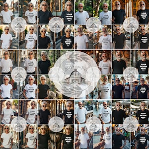 May include: A collage of people wearing white and black t-shirts. Some shirts have the text "YOUR DESIGN HERE" printed on them. The image also features a circular logo with a barn illustration and the text "Little Design Barn".