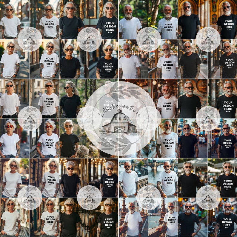 May include: A collage of people wearing white and black t-shirts. Some shirts have the text "YOUR DESIGN HERE" printed on them. The image also features a circular logo with a barn illustration and the text "Little Design Barn".