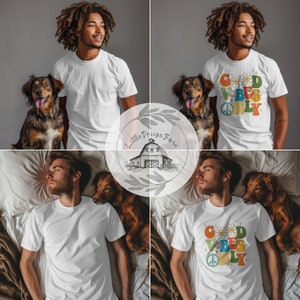 May include: White t-shirt with a colorful graphic that says "Good Vibes Only" with a peace sign and flowers. The shirt is being modeled by a person with dreadlocks and a dog.