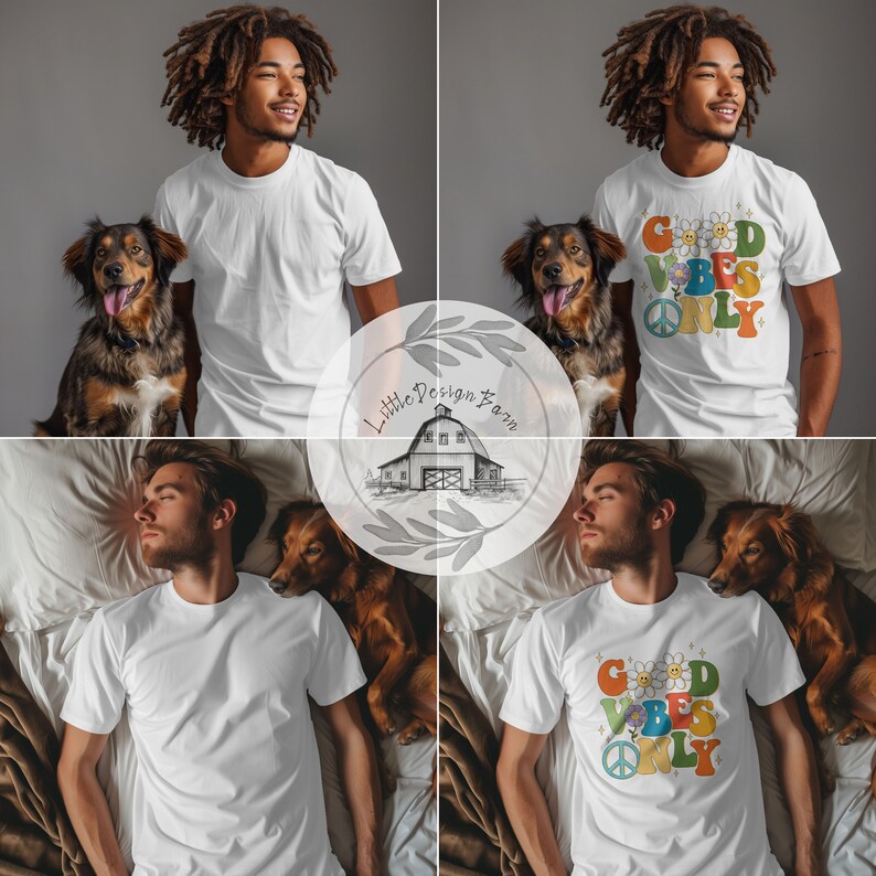 May include: White t-shirt with a colorful graphic that says "Good Vibes Only" with a peace sign and flowers. The shirt is being modeled by a person with dreadlocks and a dog.
