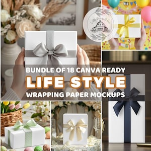 Könnte beinhalten: Ein Bundle mit 18 Canva-fertigen Lifestyle-Verpackungspapier-Mockups. Die Mockups zeigen weiße Boxen mit verschiedenen farbigen Bändern und Schleifen. Der Text "BUNDLE OF 18 CANVA READY LIFE STYLE WRAPPING PAPER MOCKUPS" ist auf dem Bild zu sehen.