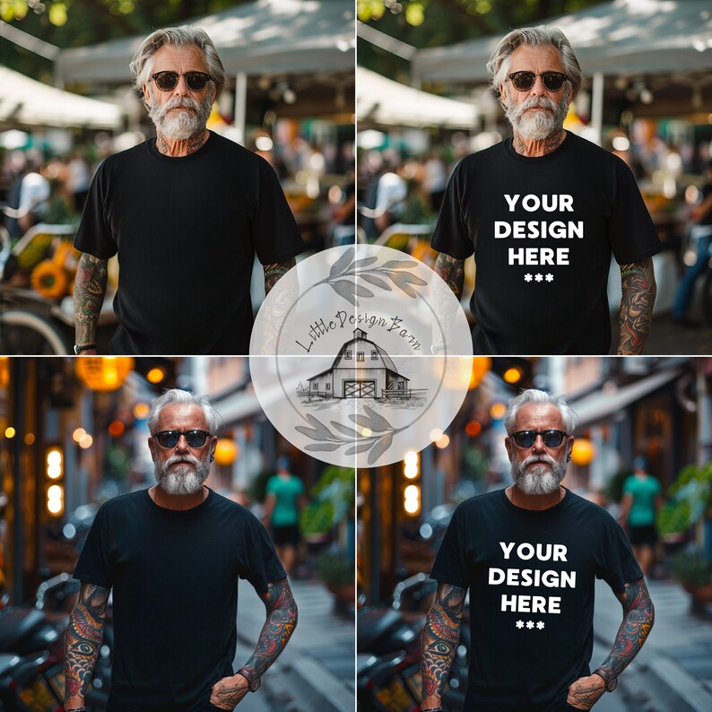 May include: A black t-shirt with the text "YOUR DESIGN HERE" in white. The image shows a person wearing sunglasses and a black t-shirt. The t-shirt design is customizable.