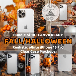 Puede incluir: Un paquete de más de 18 maquetas listas para CANVA con temática de otoño y Halloween, que presentan un iPhone 15 Pro blanco con una funda transparente. El teléfono se muestra en varios escenarios con follaje otoñal, calabazas y otra decoración otoñal.