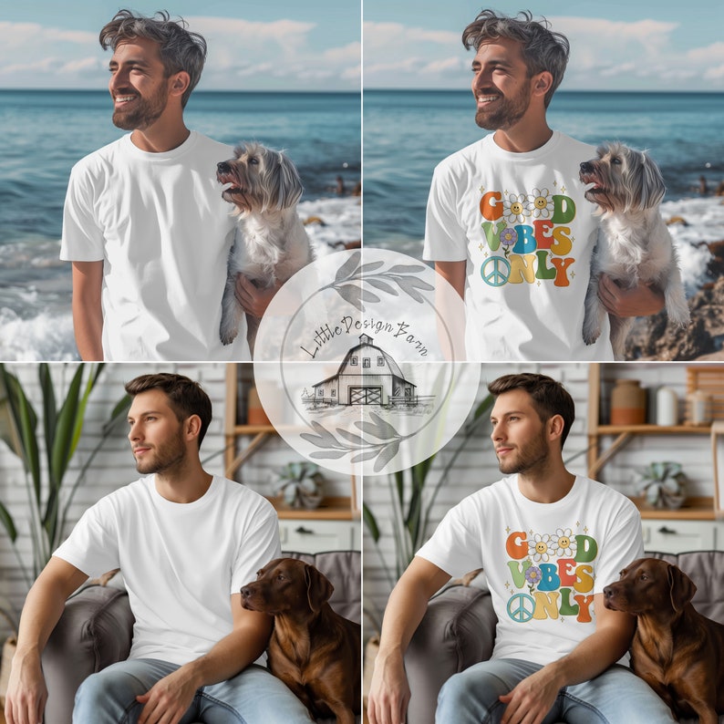 May include: A white t-shirt with the text "Good Vibes Only" in colorful retro lettering with a peace sign and flowers. The shirt is being modeled by a person with a dog.