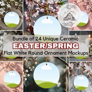 Könnte beinhalten: Ein Bündel von 24 einzigartigen runden Keramik-Ornamenten zum Thema Ostern und Frühling. Die Ornamente sind weiß mit einem blauen Himmel, weißen Wolken und einem grünen Grasdesign. Die Ornamente hängen an einer Schnur und werden vor verschiedenen Hintergründen präsentiert, darunter ein Holztisch, ein Zweig mit Kirschblüten und eine graue Steinmauer.