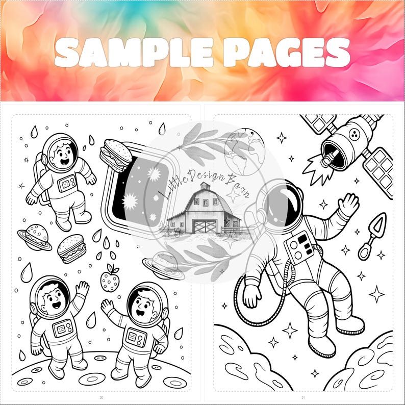 May include: Black and white coloring book pages with astronaut illustrations. One page shows astronauts on a planet with burgers and a UFO. The other page features an astronaut in space with a satellite and stars. The text "SAMPLE PAGES" is at the top.