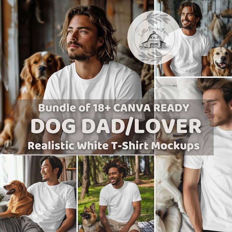 May include: A bundle of 18+ Canva ready white t-shirt mockups featuring men and dogs. The mockups are realistic and show the shirts in various poses and settings.