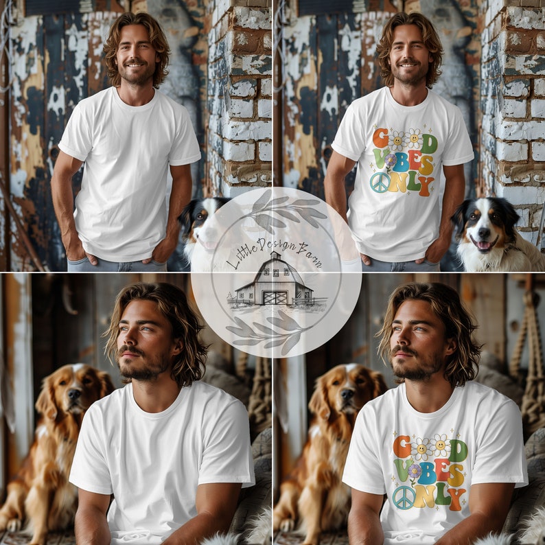 May include: A white t-shirt with a colorful graphic that says "Good Vibes Only" with a peace sign and flowers. The shirt is being modeled by a person with long brown hair and a beard. The person is standing in front of a brick wall.