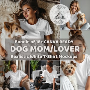 Lot de maquettes de t-shirts CANVA READY REALISTIC blancs, maquettes de t-shirts pour femmes et chiens, toile Bella 3001, maman de chien, maquettes uniques pour amoureux des chiens