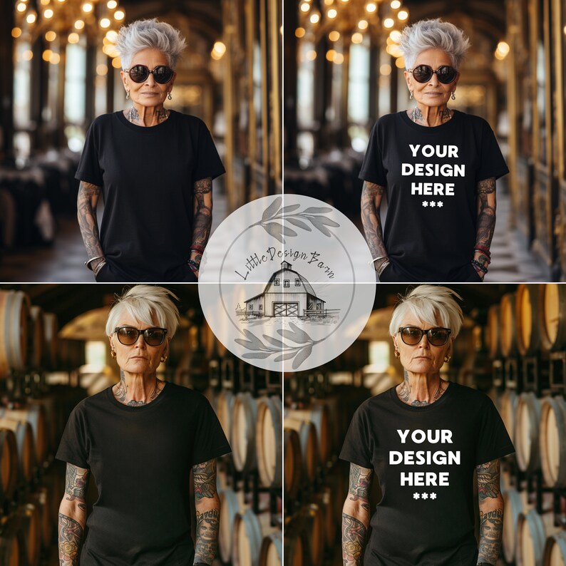 May include: A person wearing a black t-shirt and sunglasses stands in a dimly lit hallway. The t-shirt has the text "YOUR DESIGN HERE" in white. The person has tattoos on their arms and is wearing sunglasses.