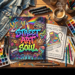 Puede incluir: Una mesa de madera exhibe un colorido libro "Street Art Soul" con arte de graffiti, un libro para colorear, materiales de arte y una taza de café. La portada del libro presenta un diseño de pared de ladrillos, un arcoíris y una patineta.