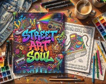 May include: A wooden table displays a colorful "Street Art Soul" book with graffiti art, a coloring book, art supplies, and a cup of coffee. The book cover features a brick wall design, a rainbow, and a skateboard.