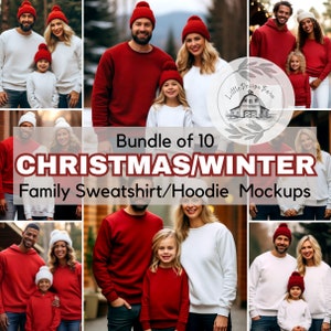 Family Christmas Winter Sweatshirt Mockups, Mockup Bundle of 10, Holiday Hoodie Mockups, Cozy Winter Apparel, Festive Red and White designs