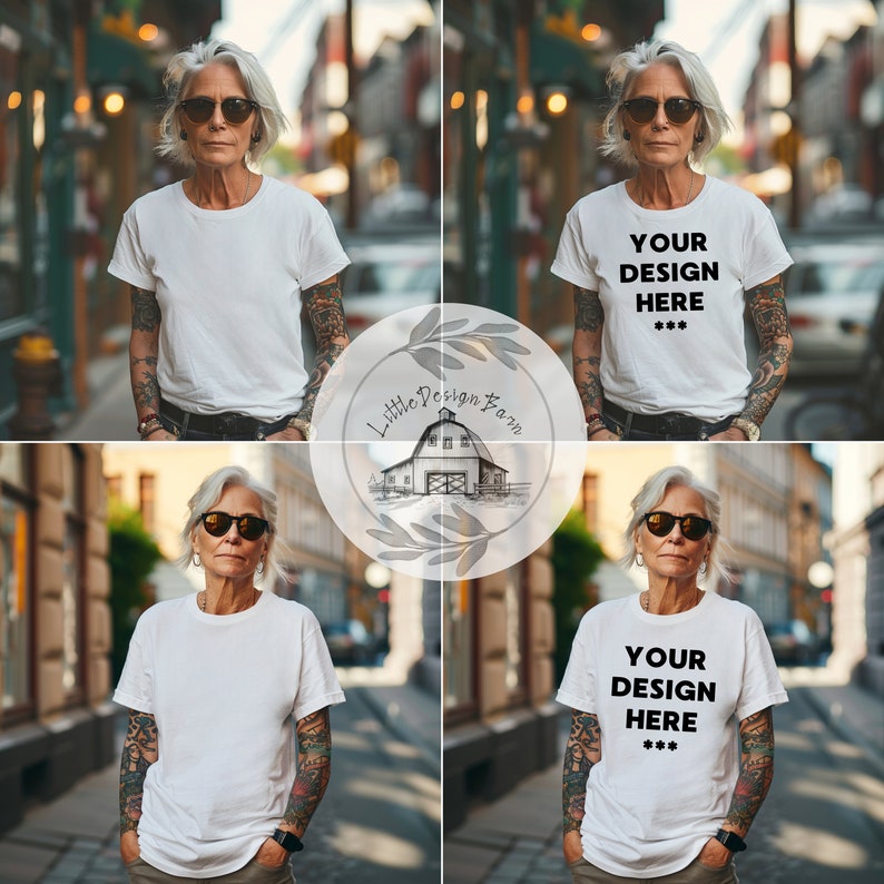 May include: A white t-shirt with the text "YOUR DESIGN HERE" in black, with three asterisks below. The model is wearing sunglasses and has tattoos on their arms. The background is a blurred street scene.