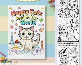 Libro para colorear de gatos: Gatos felices alrededor del mundo (Descarga digital PDF)