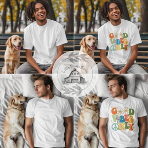 May include: A white t-shirt with the text "Good Vibes Only" in colorful letters and a peace sign. The shirt is shown on a person sitting on a bench and a person lying on a bed, both with a golden retriever dog.