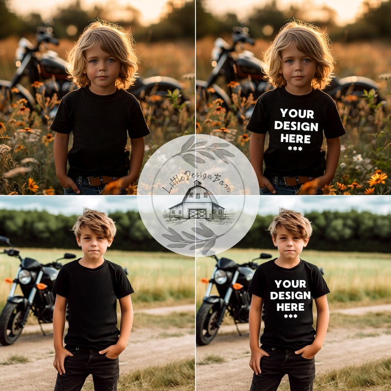 May include: A young person wearing a black t-shirt with the text "YOUR DESIGN HERE ***" printed on it. The person is standing in a field with a motorcycle in the background.