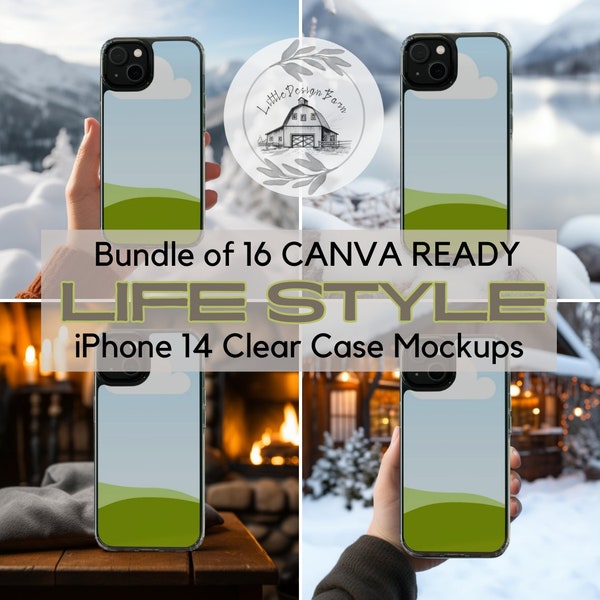 Canva Ready Black iPhone 14 Printify Casestry Clear Case Mockup Bundle, Life Style Canva iPhone 14 Mock up Pack of 16, Drag & Drop Canva