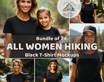 Frauen wandern schwarze T-Shirt Mockups, Women&Kids Black Bella Canvas 3001 T-Shirt Mockups, Wandern im Freien schwarze T-Shirt Mockups, Mockup Bundle