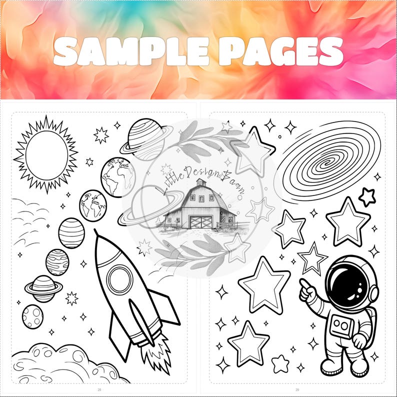 May include: Black and white coloring book pages with a space theme. Includes illustrations of planets, a rocket, stars, an astronaut, and the text "SAMPLE PAGES". The background has a colorful watercolor effect.