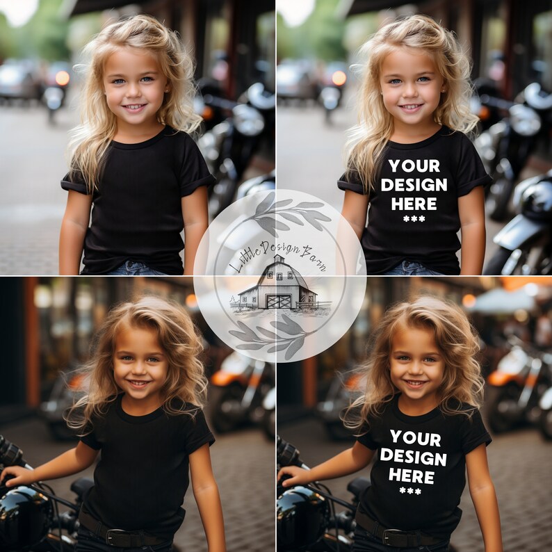 May include: A collage of four images featuring a young girl wearing a black t-shirt. The girl is standing in front of a motorcycle in two of the images. The t-shirt has the text "YOUR DESIGN HERE ***" printed on it in two of the images.