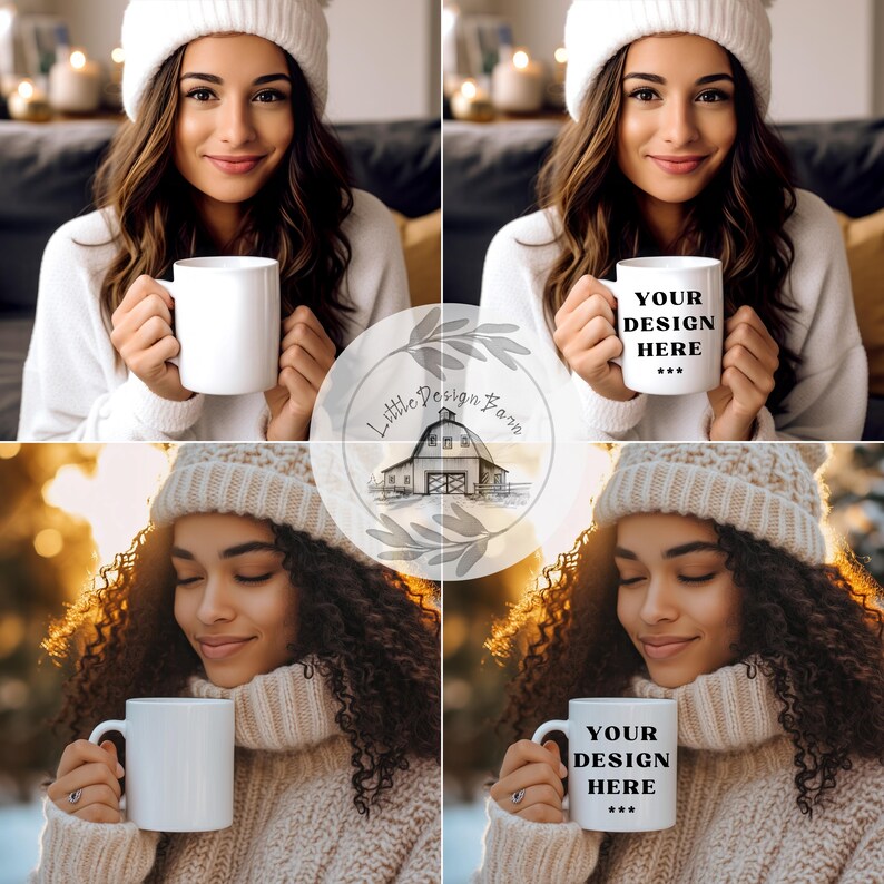May include: Four images of a white ceramic mug held by a person. Two mugs are blank, and two mugs have the text "YOUR DESIGN HERE" in black. The person is wearing a white sweater and a white knit hat. The background includes soft lighting and blurred elements.