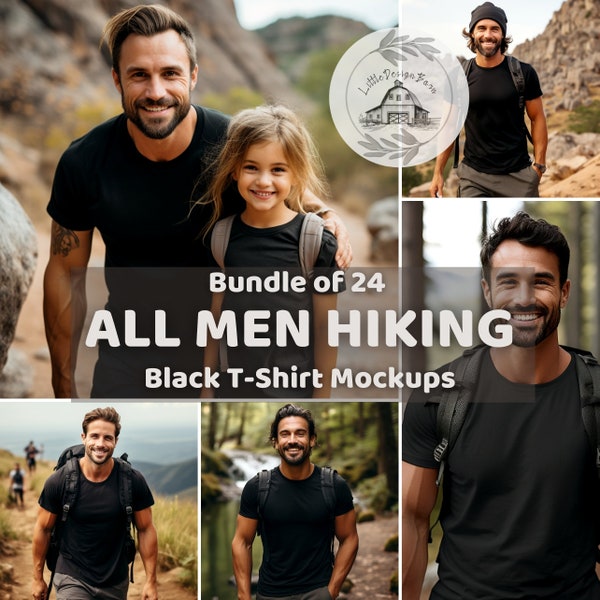 Men Hiking Black T-Shirt Mockups, Men & Kids Black Bella Canvas 3001 T-Shirt Mockups, Hiking Outdoor Black T-shirt Mockups, Mockup Bundle