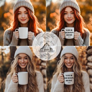 May include: Four images of people holding white mugs. Two mugs have the text "YOUR DESIGN HERE". The people are wearing knitted hats and jumpers. The background is blurred with warm tones. A circular logo with a barn is in the centre.