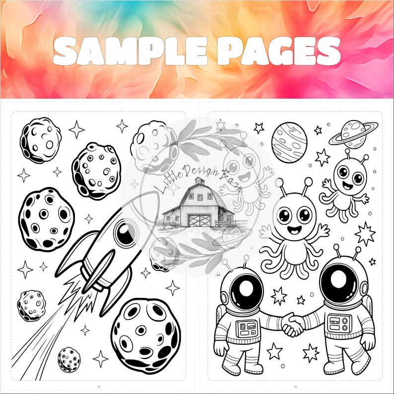 May include: Black and white coloring book pages with space-themed illustrations. Includes a rocket ship, planets, asteroids, aliens, and astronauts shaking hands. The text "SAMPLE PAGES" is at the top.