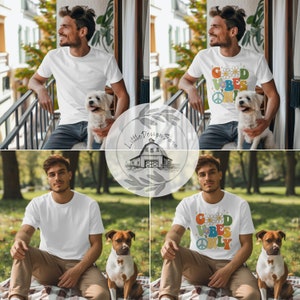 May include: Four images of a white t-shirt with a graphic design that says "Good Vibes Only" in colorful letters with flowers and a peace sign. The t-shirt is being modeled by a person in each image. The person is sitting down with a dog next to them.