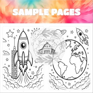 May include: Black and white line art of a rocket ship launching into space, a smiling sun, planets, stars, and the Earth. The words "SAMPLE PAGES" are at the top. The image is from Little Design Barn.