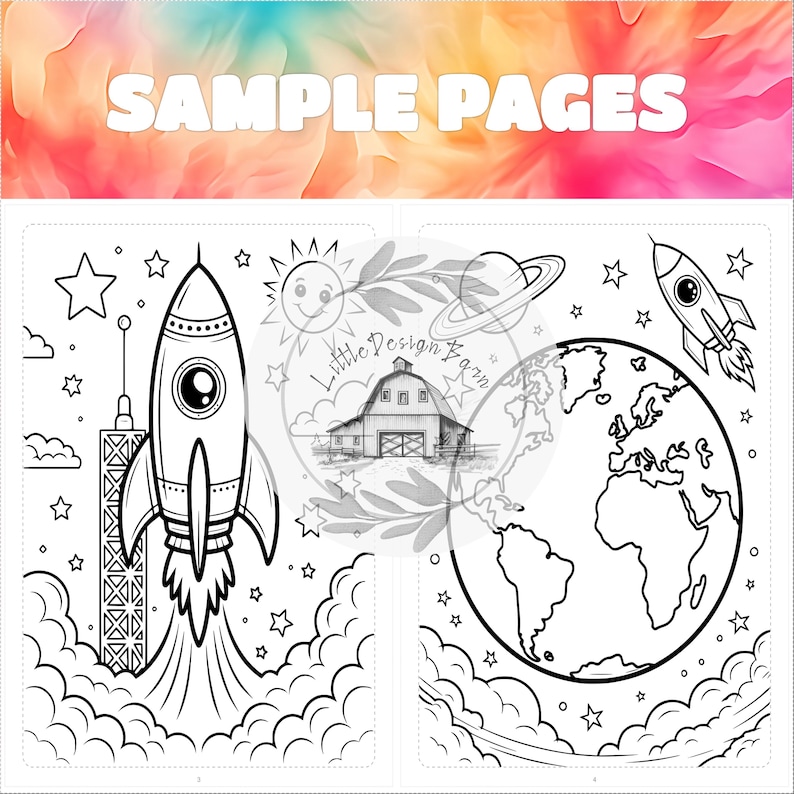 May include: Black and white line art of a rocket ship launching into space, a smiling sun, planets, stars, and the Earth. The words "SAMPLE PAGES" are at the top. The image is from Little Design Barn.
