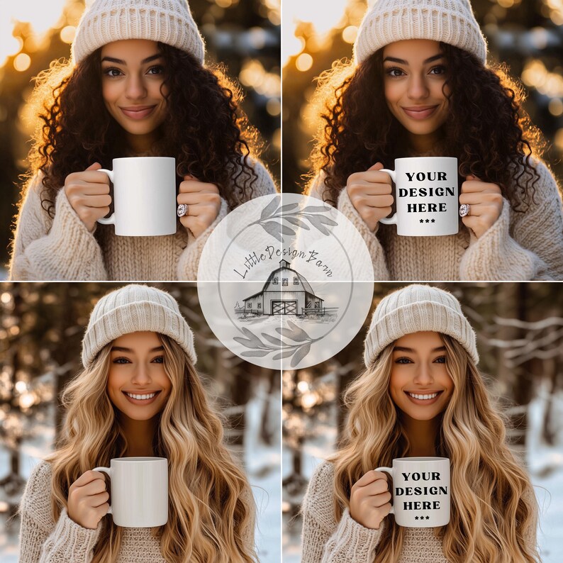 May include: A white ceramic mug with a handle. The mug is held by a person wearing a beige knit hat and sweater. The mug has the text "YOUR DESIGN HERE" printed on it. The background is blurred with a winter theme.