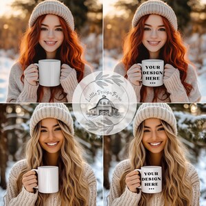 May include: Four images of people holding white mugs in a snowy outdoor setting. Two mugs are blank, and two mugs have the text "YOUR DESIGN HERE" printed on them. The people are wearing beige hats and sweaters.