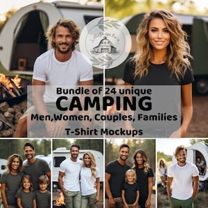 Può includere: Un pacchetto di 24 mockup di t-shirt da campeggio uniche con uomini, donne, coppie e famiglie. I mockup sono ambientati in una varietà di ambientazioni all'aperto, tra cui un campeggio con un falò e un camper.